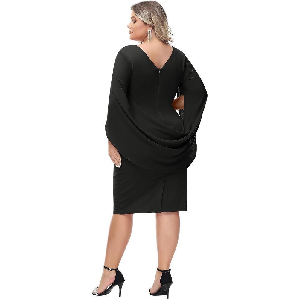 Hanna Nikole Chiffon Cape Midi Bodycon Cocktail Dress in Black, Size 22W - Picture 2 of 2